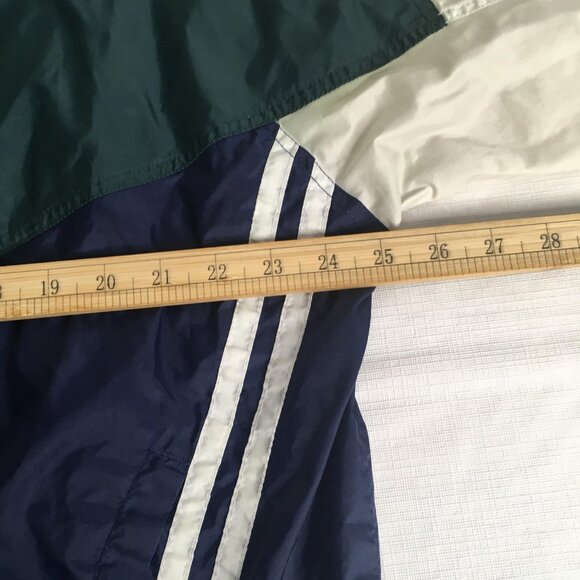 Bike Athletic Jacket Mens Large Green Navy Colorblock Windbreaker Stowaway Hood - Picture 5 of 15